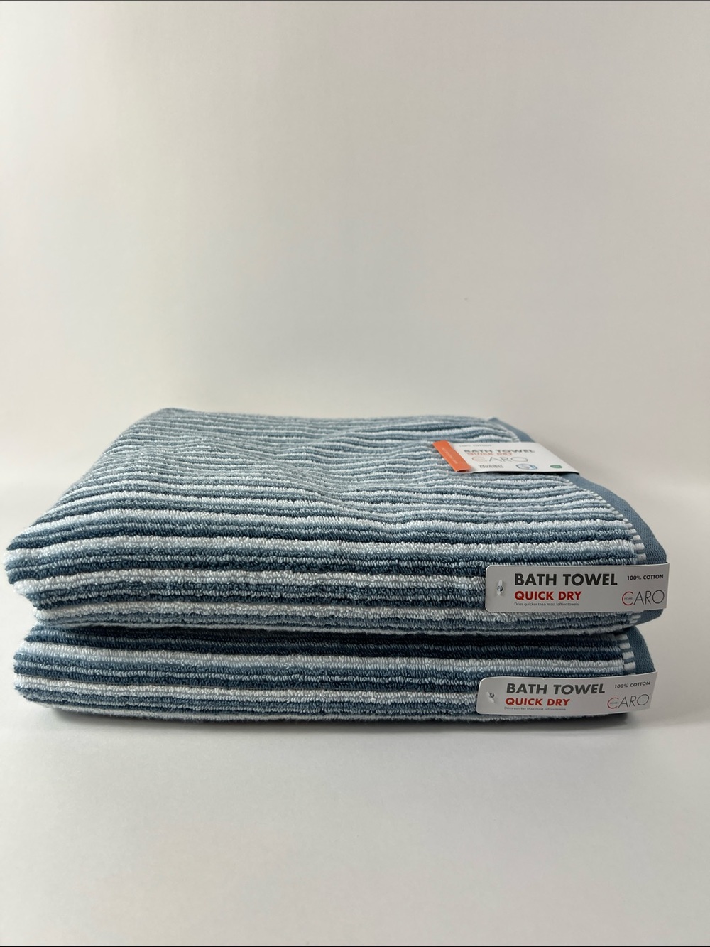 Caro Home Bath Towel Set  Striped Blue White Soft Cotton Quick Dry 2 Pc NEW